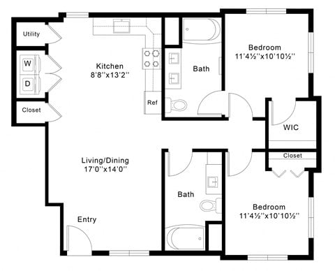 Floor plan for 2 beds, 2 baths, 1100 sqft